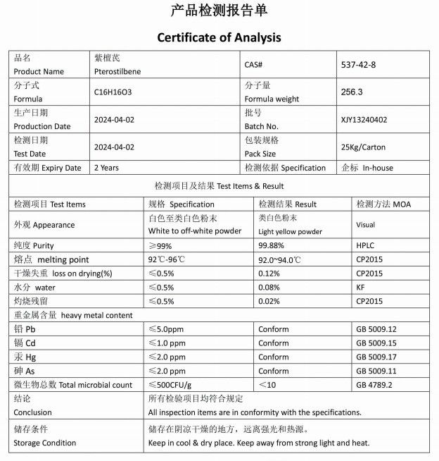 Highly Effective Trans Pterostilbene Powder CAS 537-42-8 With Anti Viral Effects